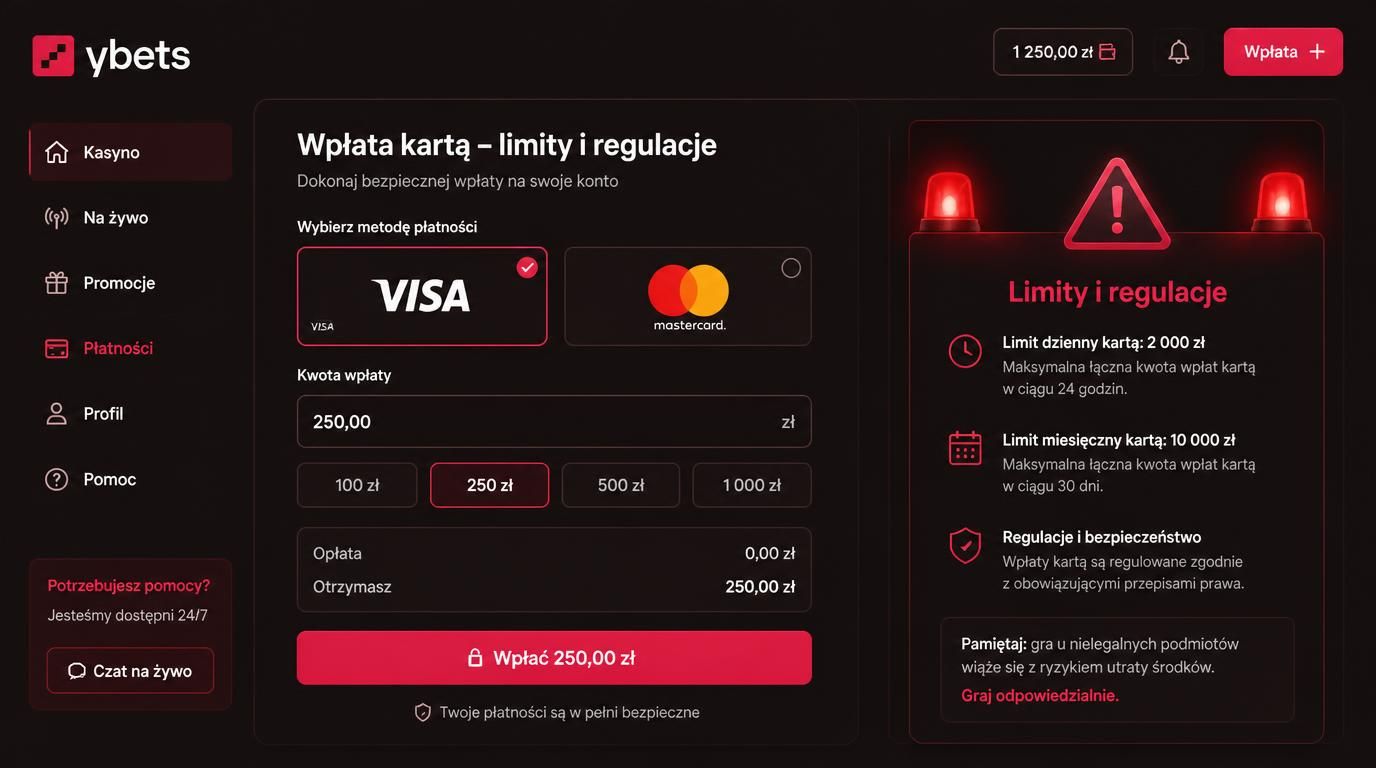 Obraz przedstawia interfejs wpłaty kartą Visa i Mastercard z komunikatem o limitach i ostrzeżeniu