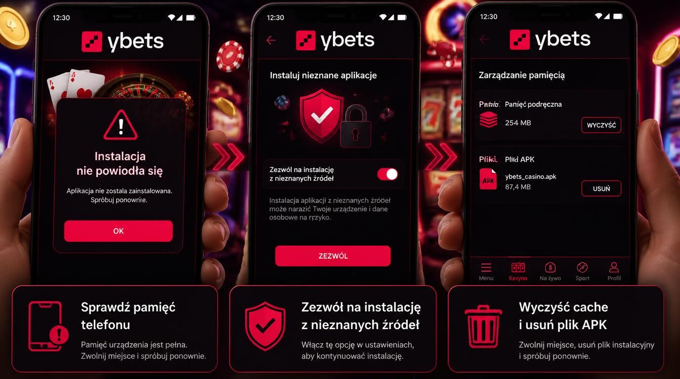 interfejs aplikacji Ybets z komunikatem o błędzie instalacji