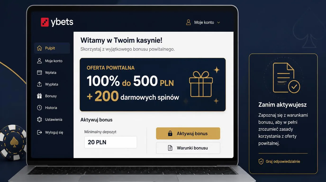 Panel rejestracji konta, weryfikacji dokumentów i pierwszej wpłaty w PLN na ekranie laptopa